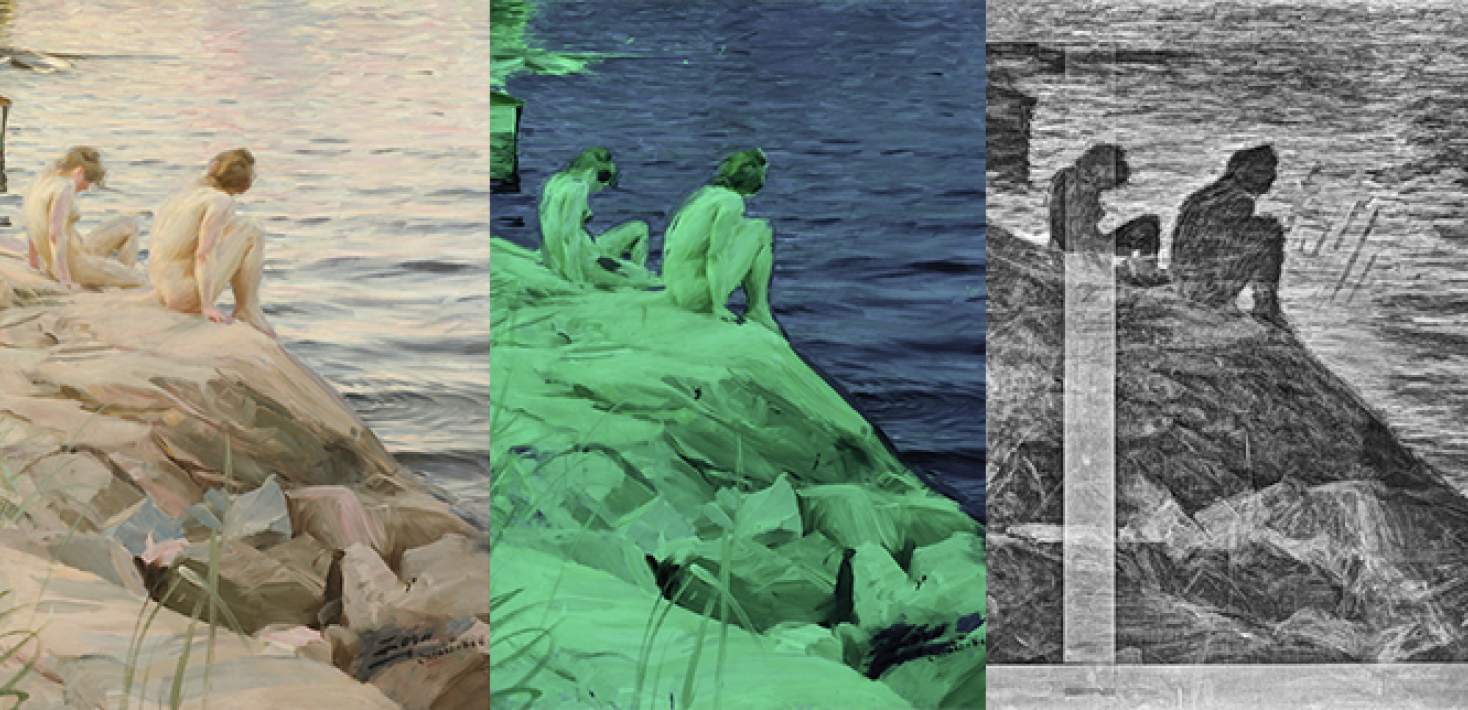 Versioner av Anders Zorns tavla Ute. Först original, sedan genom ultraviolett ljus, och röntgen..