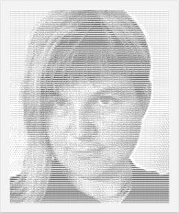 Black and white portrait of Arina Stoenescu, made of letters.