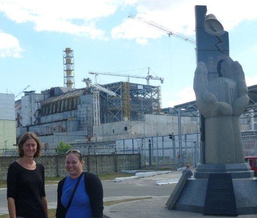 Scientists from DEEP in front of ‘Reactor 4’ – the cause of the Chernobyl nuclear accident in 1986. Photo credit: Clare Bradshaw