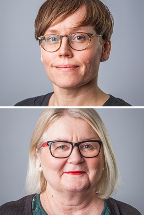 Överst i bild: Frida Jacobson, bibliotekarie. Under: Liisa Hänninen, controller.