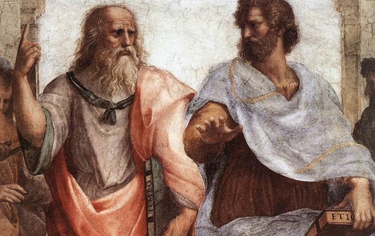 Painting of Plato and Aristotle discussing the ideal and the material