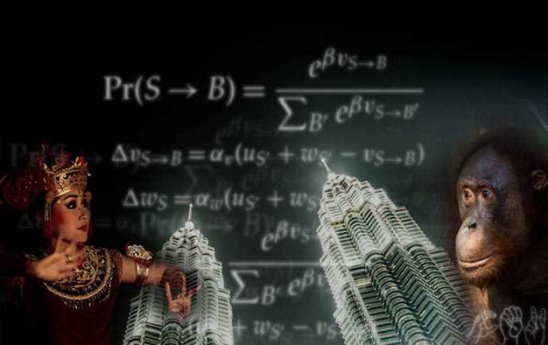 Image of a girl, tower buildings, equations and an orangutan.