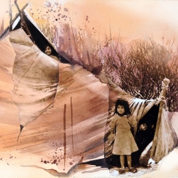 Illustration över barn vid ett tält
