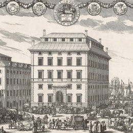 skiss föreställande Riksbanken i Stockholm, framför en massa människor. 1700-tal. 