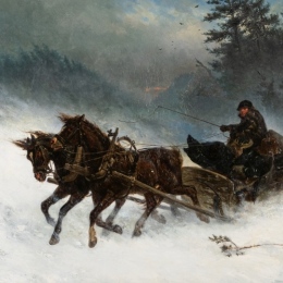 Målning föreställande en släde dragen av hästar i snöstorm. 