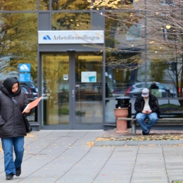 A woman walks from the office of the Swedish Employment Service 