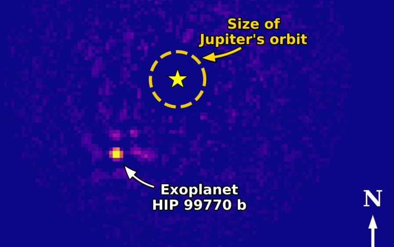 Den nyupptäckta planeten HIP 99770 b är ungefär lika stor som Jupiter, men mycket tyngre. Credit: T.