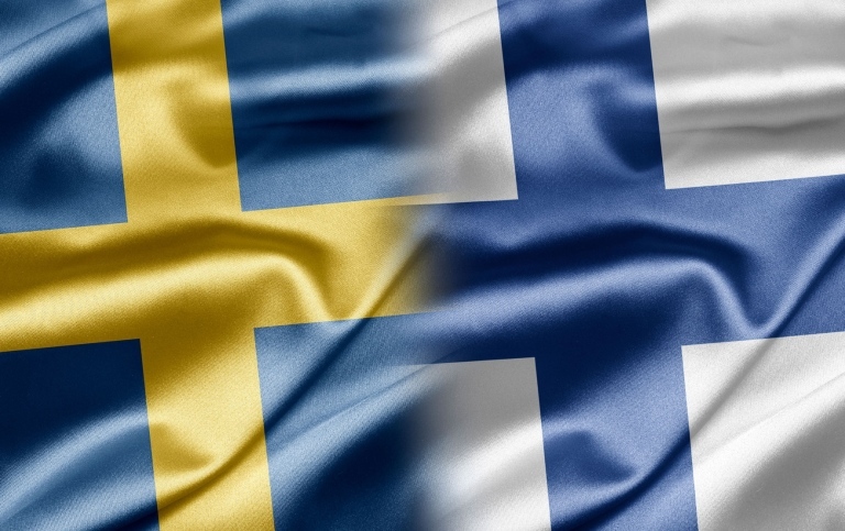 En illustration där svenska och finska flaggan blandas.