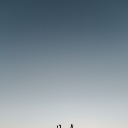 tre personer står på en klippa i solnedgången