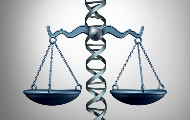 Illustration över en vågskål med DNA-sträng i mitten som pelaren