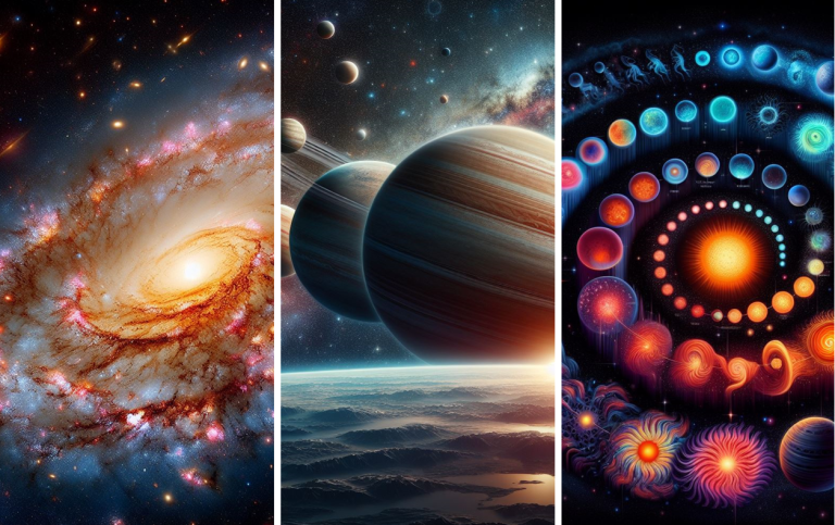 AI generated pictures of galaxies, planets and stellar evolution. 