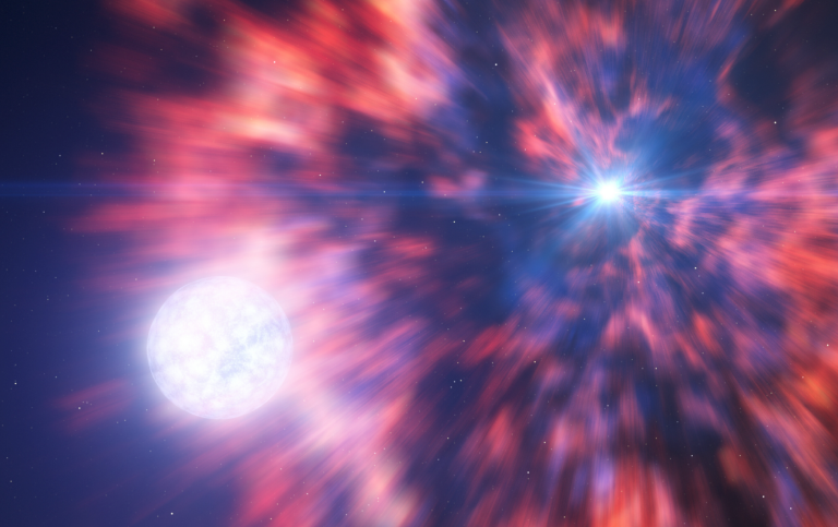 Färggrann gas slungas ut från en supernova mot en kompanjonstjärna
