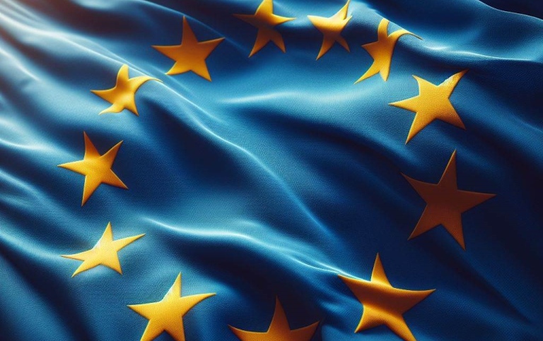 EU-flaggan med gula stjärnor mot blå bakgrund.