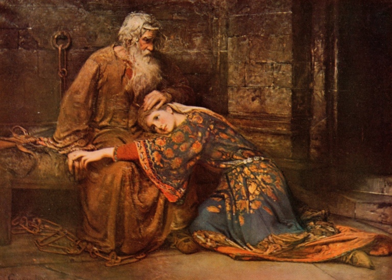 Painting of man comforting woman