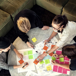 Fyra personer arbetar tillsammans vid ett bord som är täckt av post-it-lappar i olika färger.