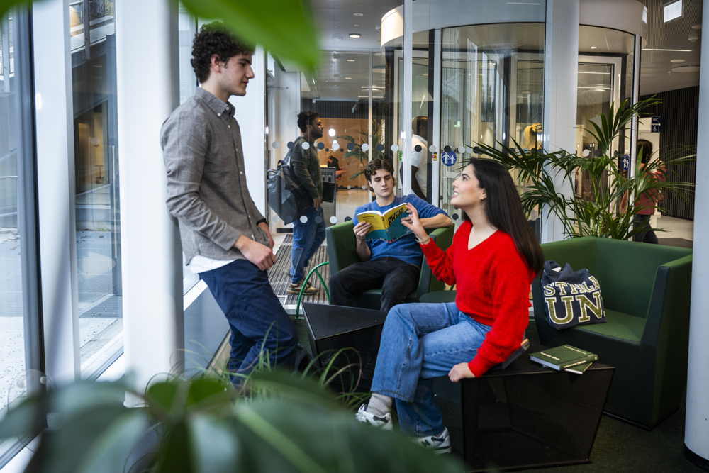 Studenter på Campus Albano som pratar med varandra.