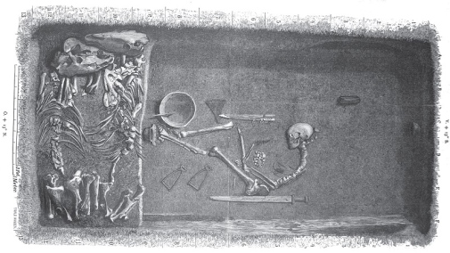 Så här kan graven på Birka ha sett ut där den kvinnliga krigaren begravdes. Gravplanen är skapad av Evald Hansen och baserad på originalplanen från grav Bj 581 från Hjalmar Stolpes utgrävningar på Birka under slutet på 1800-talet (Stolpe 1889).