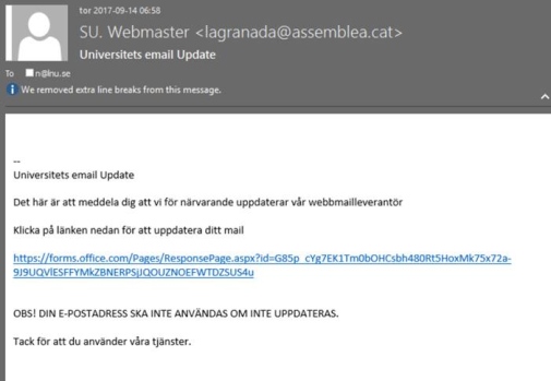 Attempted phishing ”Universitets email Update” - Stockholm University
