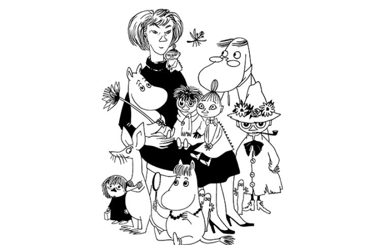 © Moomin Characters™ Teckning i svartvitt föreställande Tove Jansson omgiven av karaktärerna från sagan om Mumintrollet.