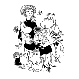 © Moomin Characters™ Svartvit teckning av Tove Jansson, omgiven av sina karaktärer i Muminböckerna. © Moomin Characters™