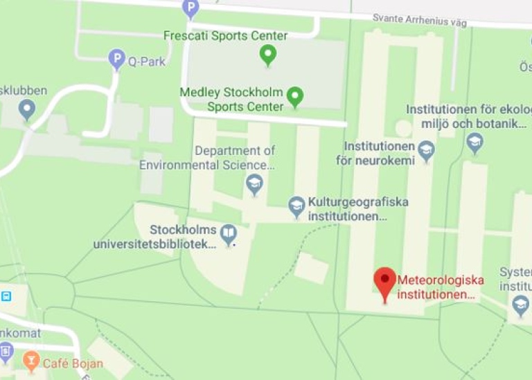 Karta över norra Frescati, Stockholms universitet. Från Google Maps.