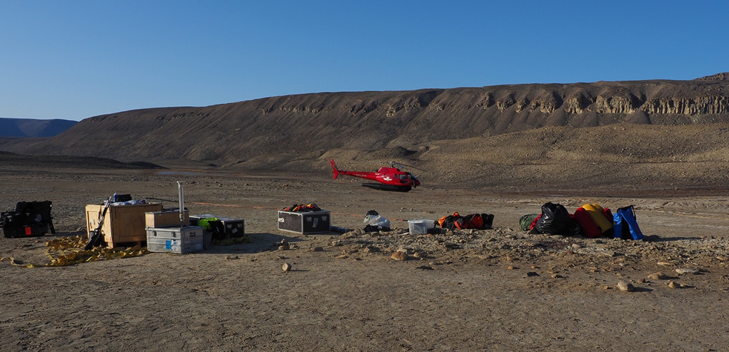 Researchers' gear left by helicopter for survey in northen greenland