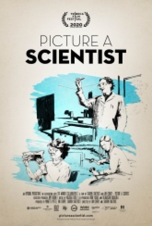 movie poster, illustration with scientists doing differents things