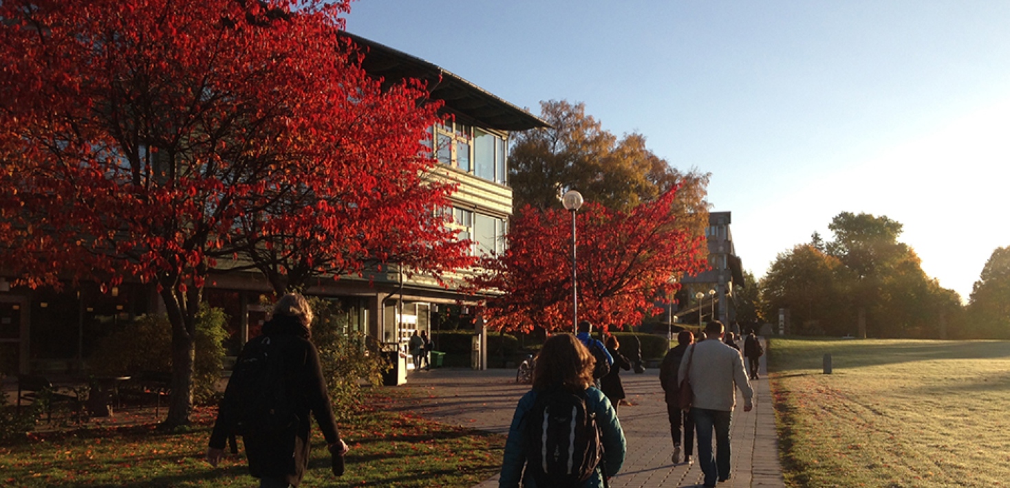 students walking beside Geoscience building, stockholm university, fall colours