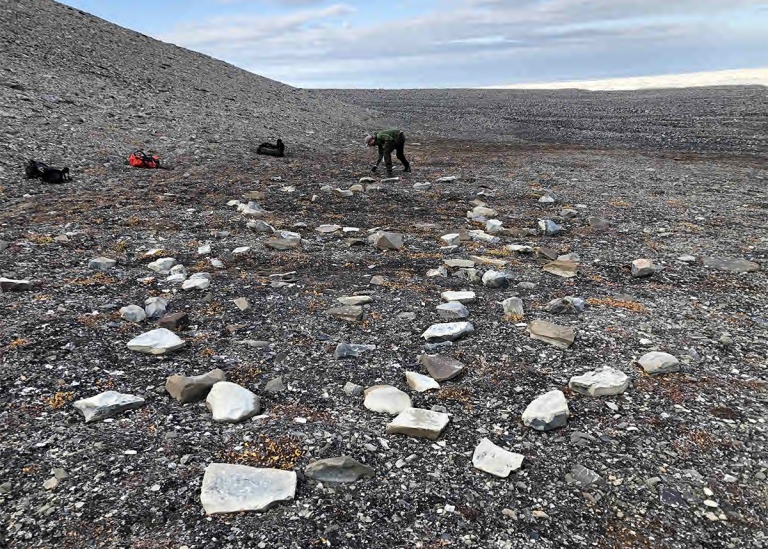 archaeological site, stones scattered around, researcher looking on the ground