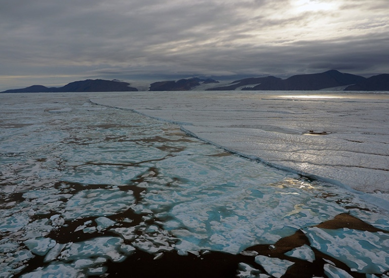 Flat iceberg blocking the western entrance to Sherard Osborne Fjord