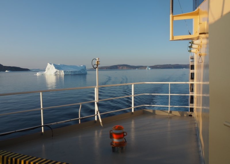 view from icebreaker oden's deck, icebergs in the midnight sun