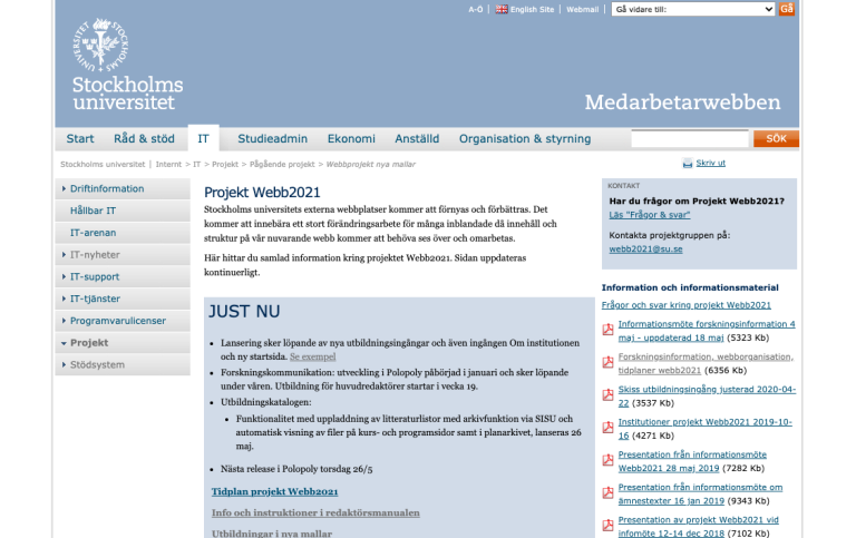 Skärmdump av projektets sida på medarbetarwebben.