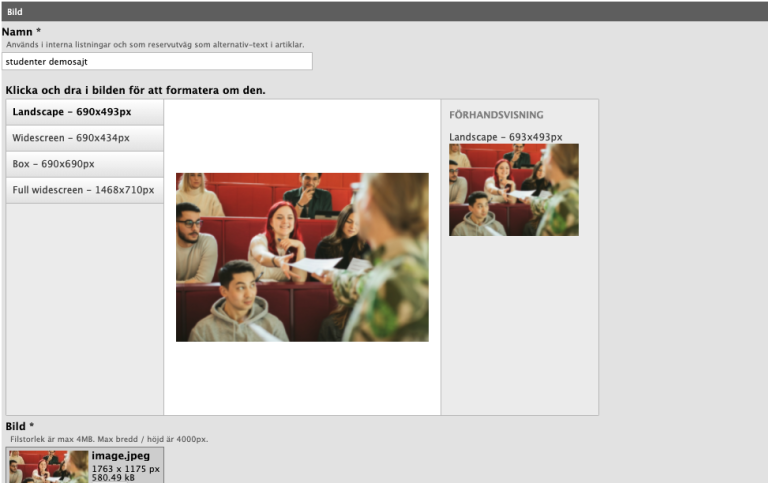 Skärmdump av bildelementet där bild på studenter redigeras. Foto på studenter av Niklas Björling 