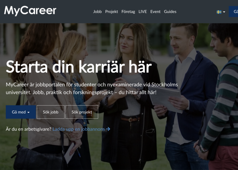 Bild av studenter som bakgrund till jobbportalen MyCareer. Foto: Skärmdump © Stockholms universitet