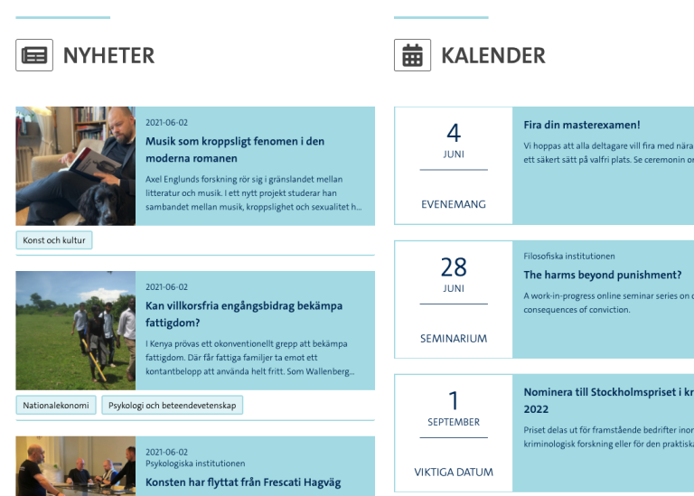 Skärmdump av ytan för Nyheter och Kalender på ingången Om institutionen.
