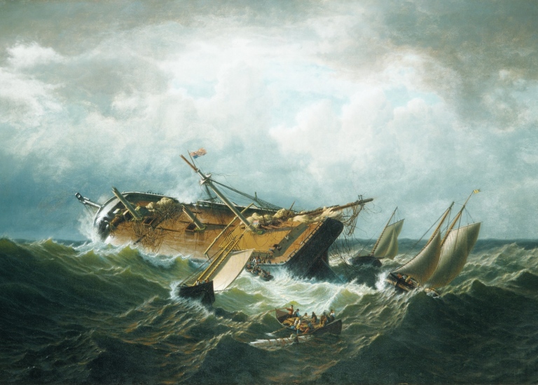 oljemålning av segelfartyg som förliser i en storm på havet.