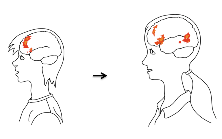 Pencil drawing of two young people with brain areas highlighted with color