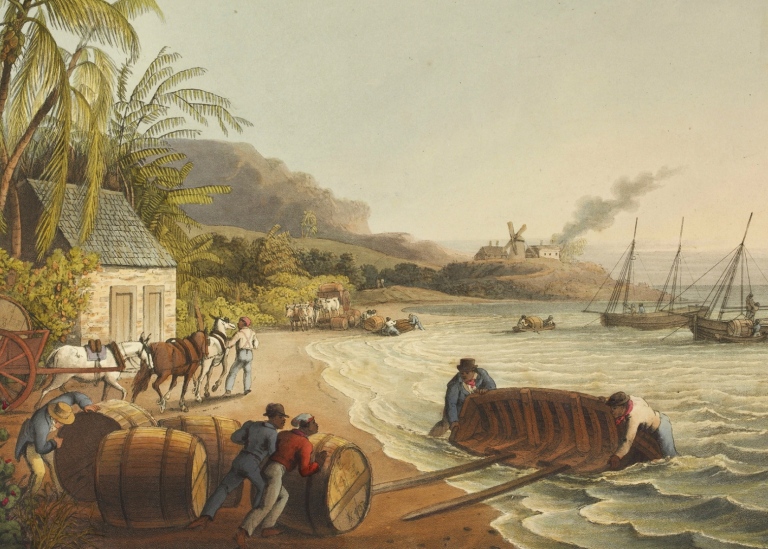 teckning av lastning på skepp från kolonialtiden