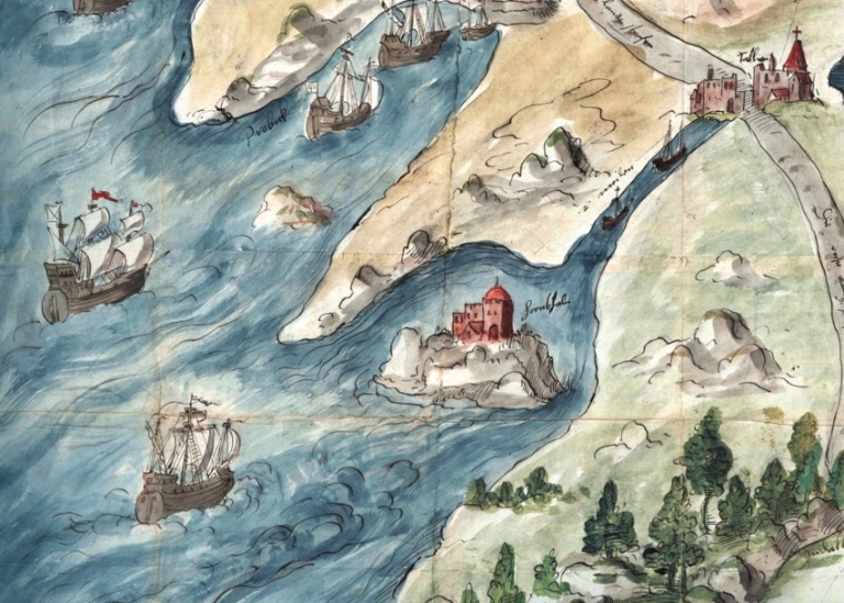 Illustration av landskap med sjöar och åar sett uppifrån. Framsidan av boken Facing the Sea. 