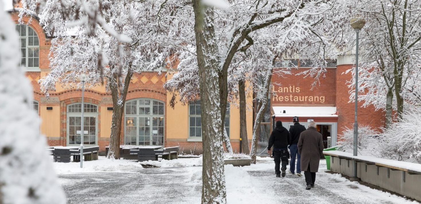 Människor som går mot Lantis Restaurang i vinterlandskap. Foto: Niklas Björling