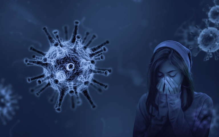Illustration med sjuk flicka och virus.
