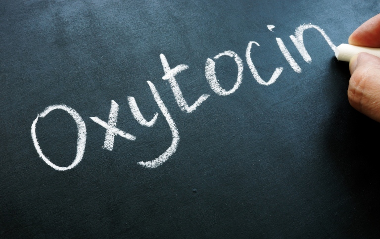Oxytocin skrivet med krita på svarta tavlan. Foto: iStock