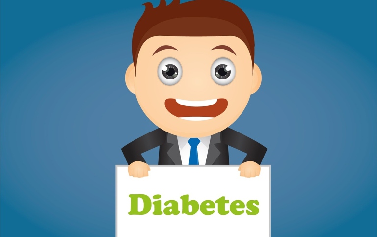 Illustrerad man som håller ett plakat med ordet Diabetes. BIld: nneem från Pixabay.