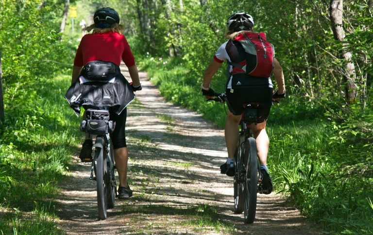 Two persons on bikes in the woods. Photo: Manfred Antranias Zimmer from Pixabay.