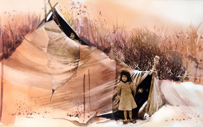 Illustration över barn vid ett tält