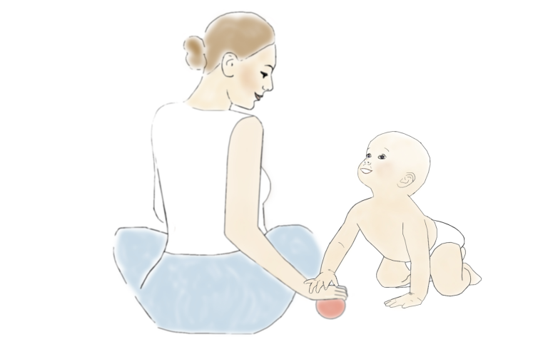 Mor och barn leker med boll. Illustration av Laila Dahlström Stolpe.