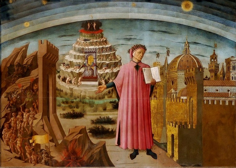 Dante Alighieri fresk av Domenico di Michelino (1465). Wikimedia Commons.