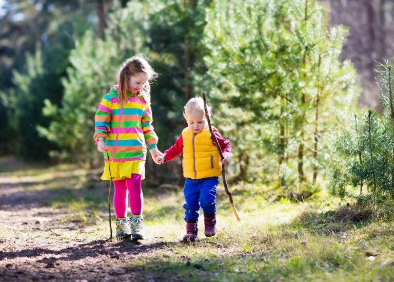 Boy and girl walking in forest holding each other hands