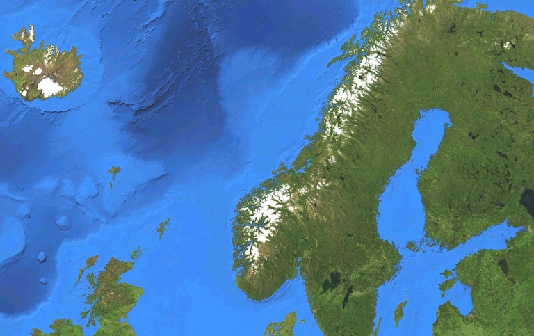 Satellitkarta över den europeiska delen av Norden, förutom Jan Mayen och Svalbard.