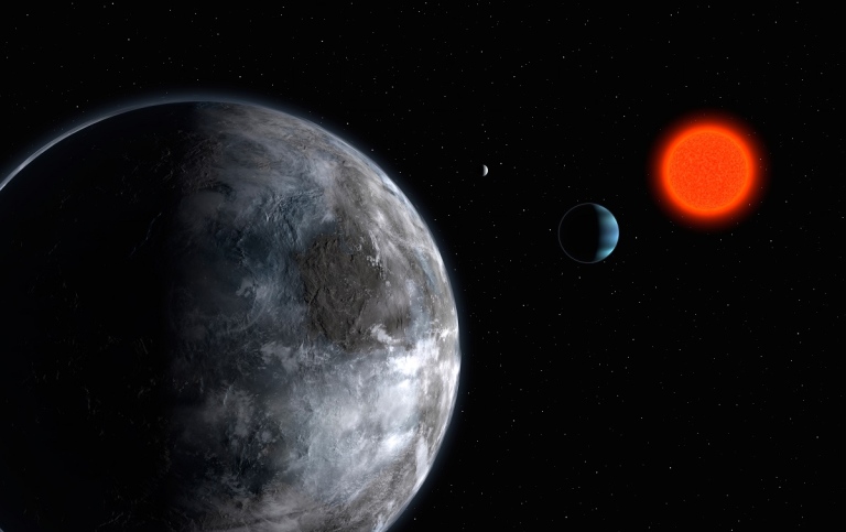 En konstnärs version av planetsystemet kring den röda dvärgen Gliese 581. Bild: ESO